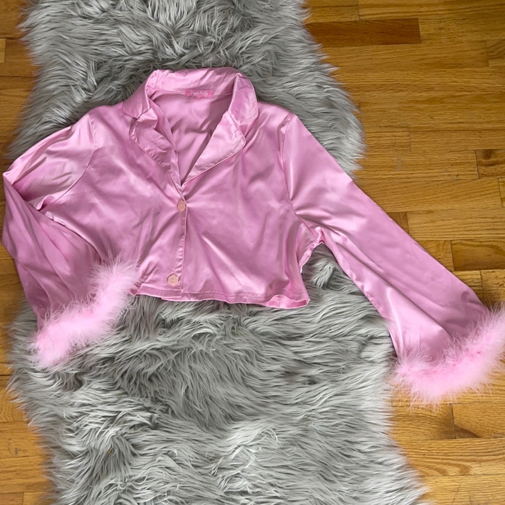 Pink satin shirt with feather trim sleeve